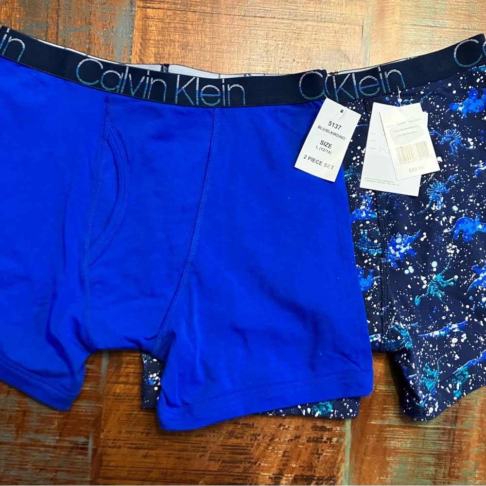 BNWT Calvin Klein Kids' Assorted 2-Pack Boxer Briefs, Blue Black Iris/Blue Dino